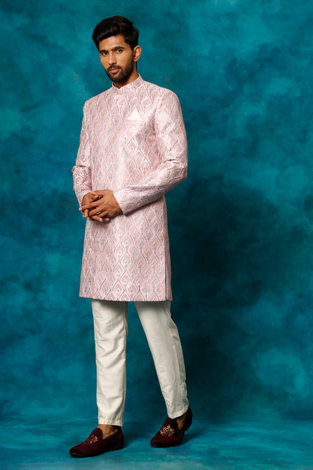 VASTRAMAY Men's Purple Pastel Embroidered Sherwani Set